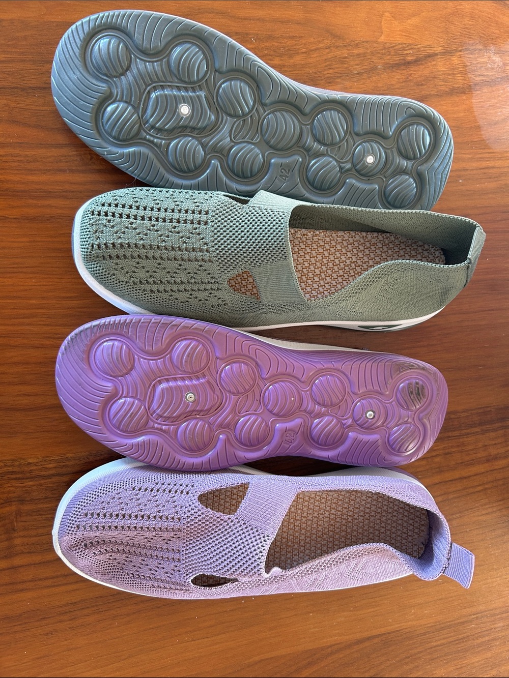 2 PAIRS SLIP ON SHOES purple and sage green, women, size 42 NWOT - never worn